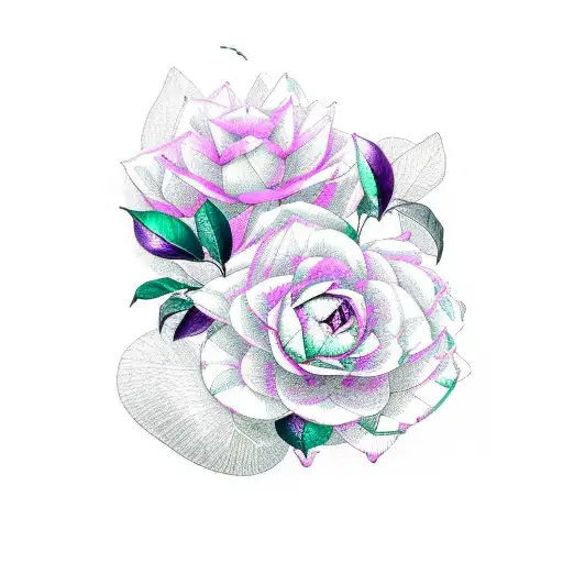 3 Pink Camellia Flowers On A Green Vine With 2 Purple And Teal Colored Butterflies