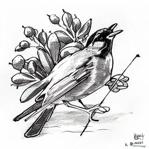 Redbreast Robin Carrying A Small Sprig Of Lavendar And A Musical Scale