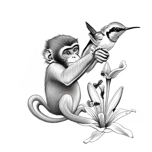 Monkey Holding Lily With A Hummingbird
