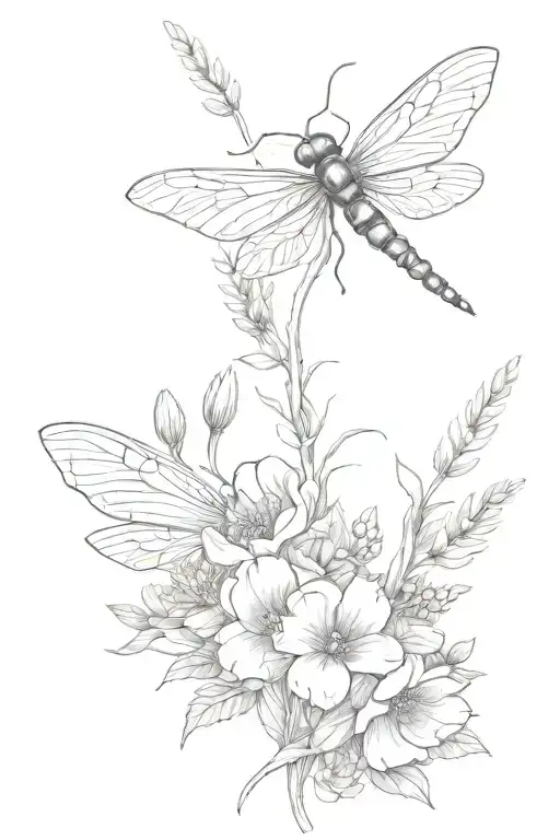 Back Tatto With Flowers Lavender Bee Lady Bug Butterfly And Dragon Fly