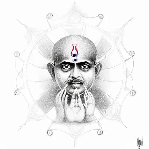 A Powerful Image Of Swami Samarth With Fire And Safety Symbols Integrated