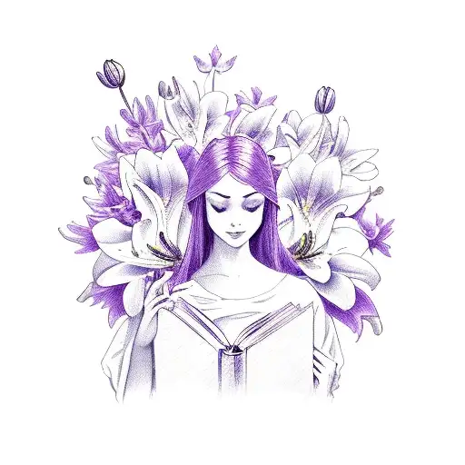 An Elegant Angelic Figure Holding A Bible And Surrounded By Purple Lilies
