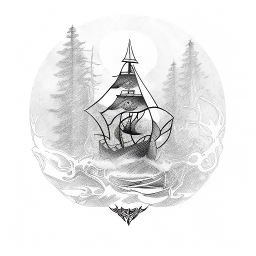 A Sketch-style Tattoo Of A Viking Ship Sailing Through A Forest With A Prominent Tree Of Life