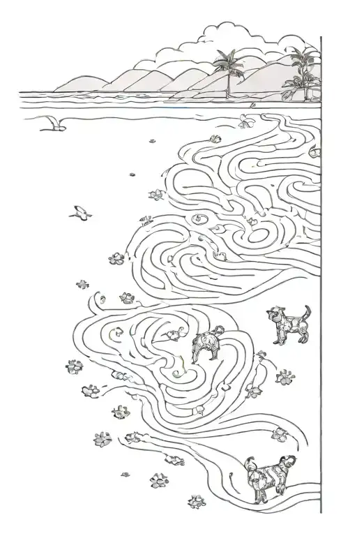 A Geometric Pattern Of Dog Paw Prints Leading Towards A Beach