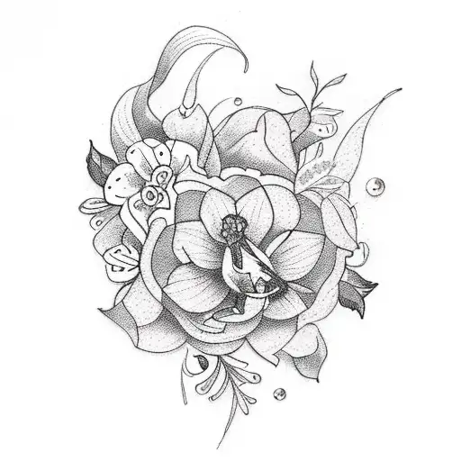 A Blackwork Tattoo Of Eva Maria Surrounded By Delicate Floral Motifs And A Small Cross