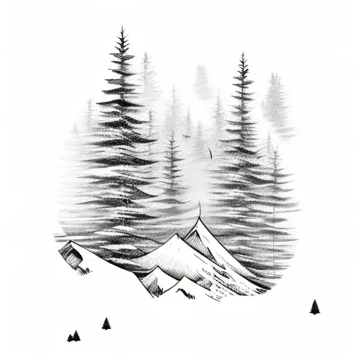 Mountain With Pine Trees And Beach Waves At The Bottom