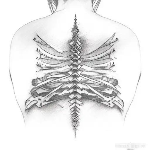 Abstract Spine Tattoo With Ribs And Collarbone