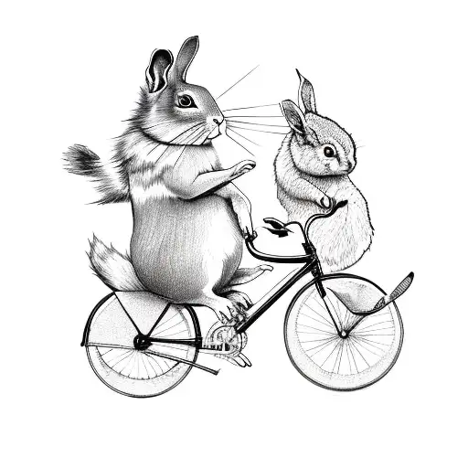 A Rabbit And A Dog Riding A Tandem Bicycle With A Squirrel As The Navigator