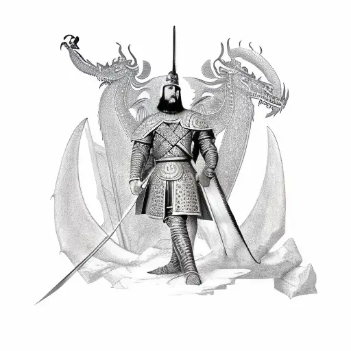 Skanderbeg Holding A Sword And Shield With A Massive 2 Headed Dragon Behind Him