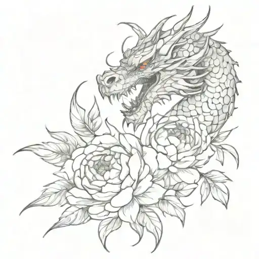 Dragon And Peony Flowers With Leaves And Twig