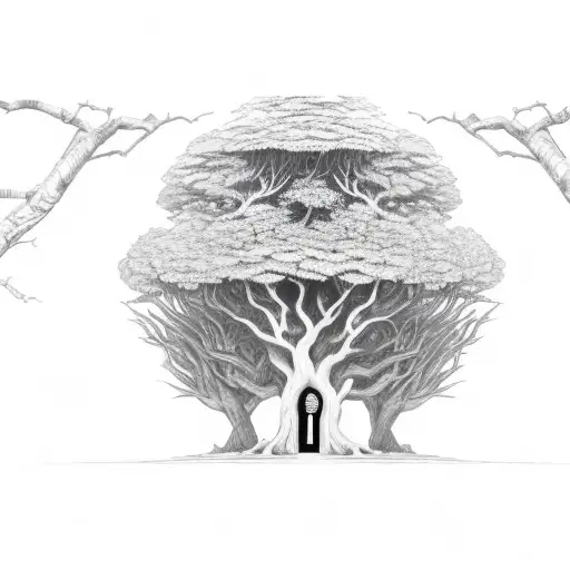 Close Up Of Large Tree With Pair Of Doors At The Base