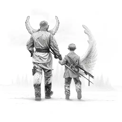 Father And Son Walking Away Hunting Being Watched Over By An Angel