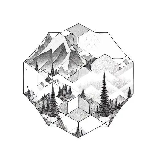 A Hexagon Intertwined With Elements Of Nature Like Trees And Mountains
