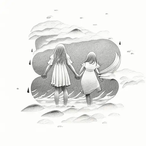 Mom And Daughter Hold Hands In The Middle Of A Storm Near The Ocean