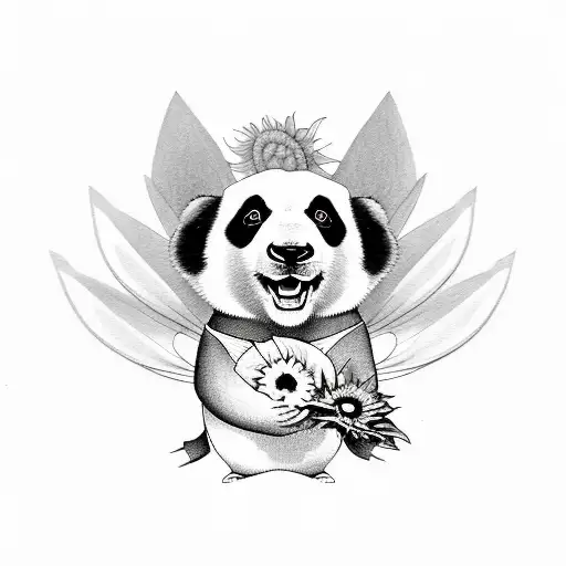 Cartoon Panda With Angle Wings Holding A Sunflower