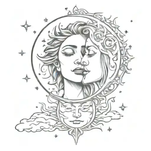 The Sun With A Human Face Kissing The Moon With A Human Face Surrounded By Stars