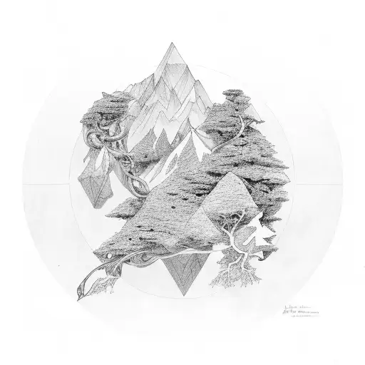 A Comma Intertwined With Elements Of Nature Like Trees And Mountains