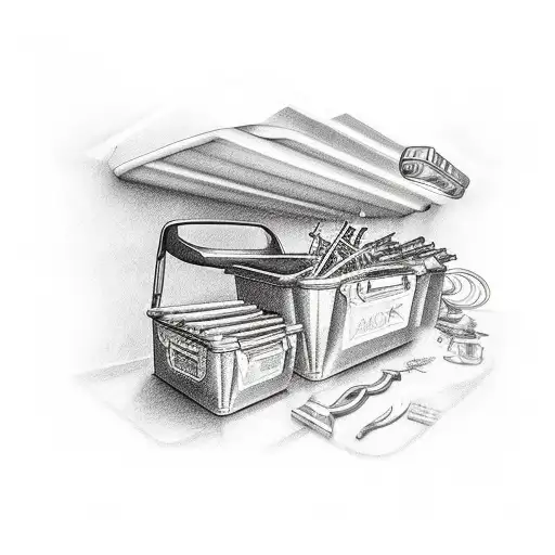 A Mechanic's Toolbox Overflowing With Various Hunting And Fishing Gear