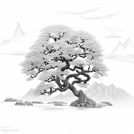 Oak Tree With Mountain Range Add Edelweiss Flower