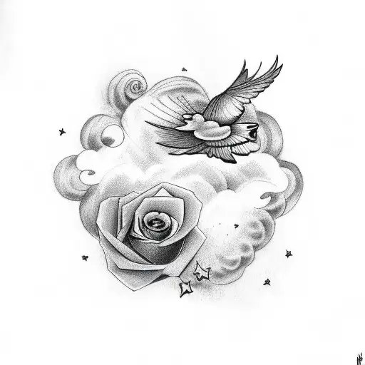 Clouds With Stars And Two Doves And A Rose Half Sleeve
