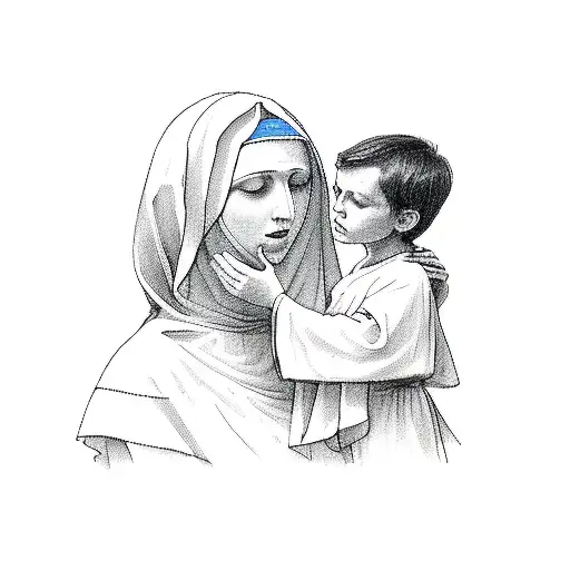 Mother Mary With A Boy Standing And Looking At Her