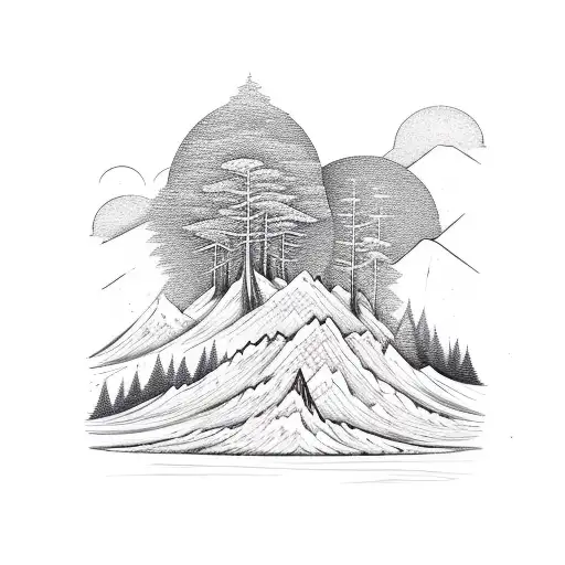 Mountains With Trees And Red Sun