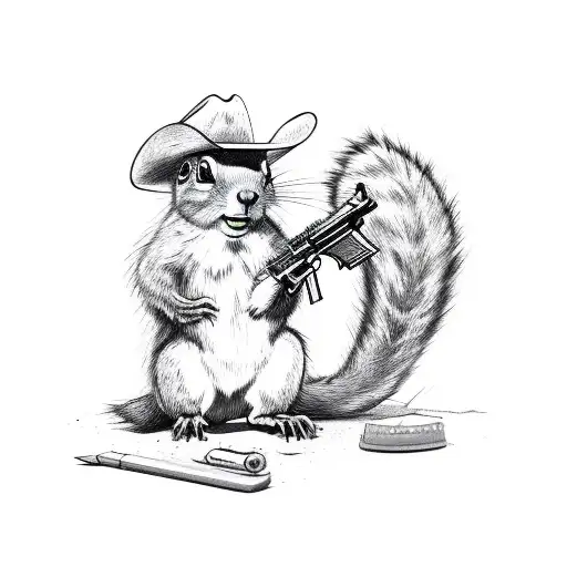 Squirrel Standing Up With Cowboy Hat And Boots Holding A Gun