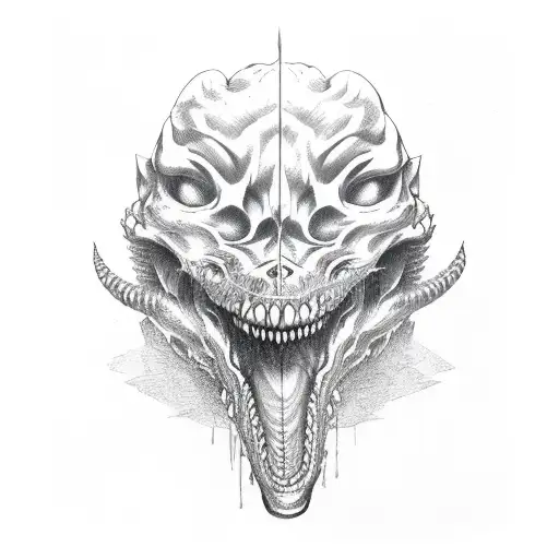 Oni Mask Inside The Mouth Of A Snake Skull