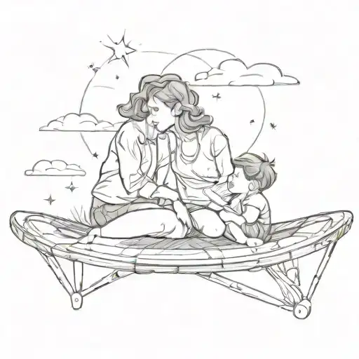 Two People Mother And Son Looking Up At The Sky Lying On A Trampoline