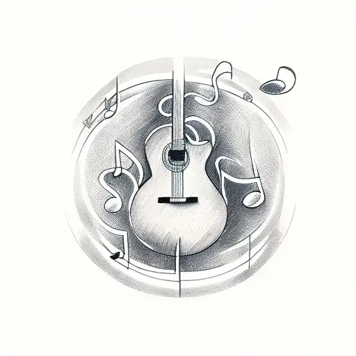 A Sketch-style Tattoo Of A Guitar Surrounded By Musical Notes