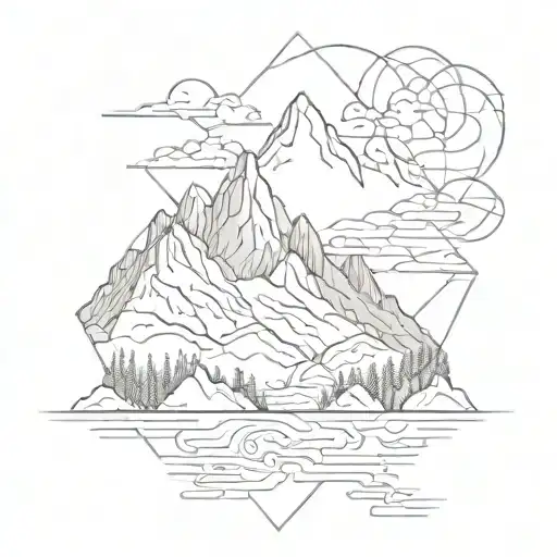 Mountain Range With Rivers And Geometric Shapes