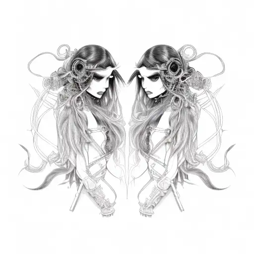 Goth Cyborg Gemini Sisters Hair Tangled Together Wide