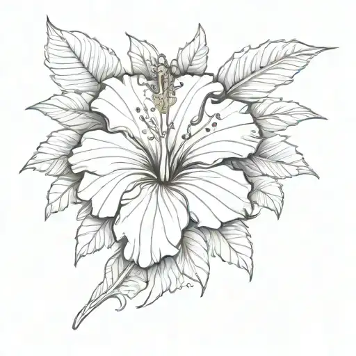 Hibiscus Flower With Sea And Sunset Scene Fine Line