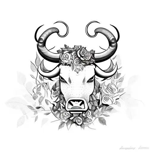Taurus Bull With Roses And Flowing Leaves