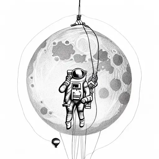 Astronaut From The Waist With A Rope Hanging From A Full Moon Shaped Baloon