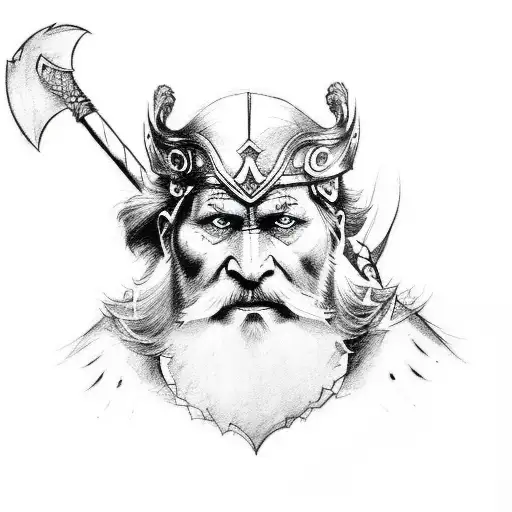 A Sketch-style Tattoo Of Odin With His Ravens And A Battle Axe
