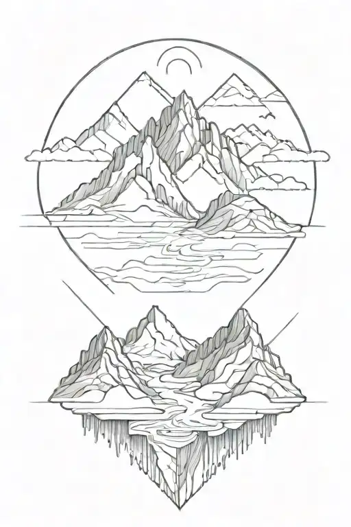 Mountain Range With Rivers And Geometric Shapes