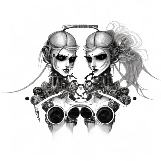 Goth Cyborg Gemini Sisters Conjoined Facing Each Other