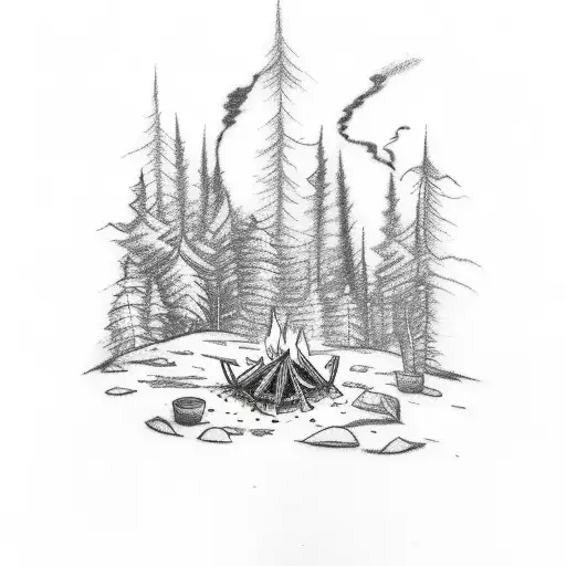 A Sketch-style Tattoo Depicting A Campfire In The Middle Of A Forest