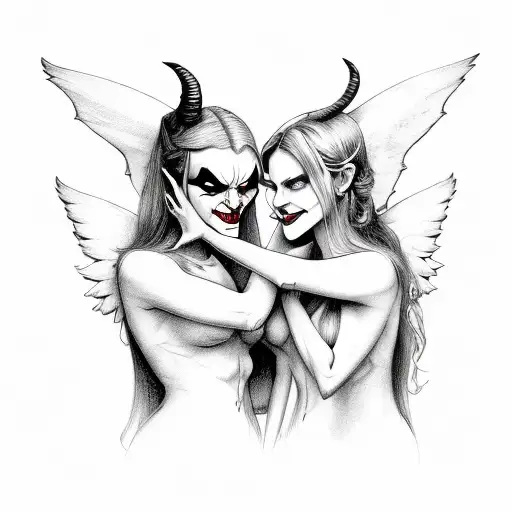 Female Devil And Female Angel Hugging A Joker