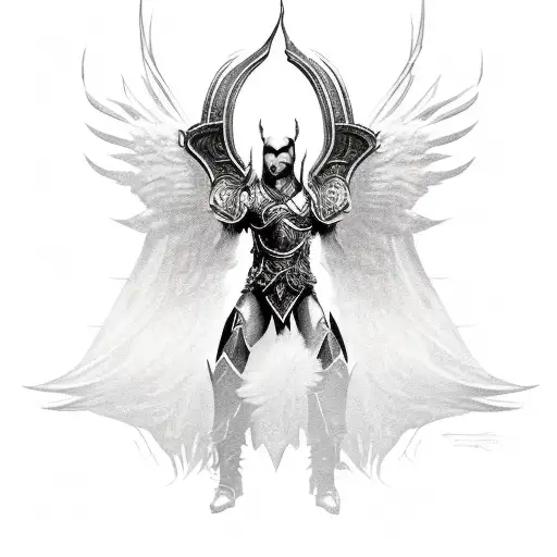 Tyreal From Diablo 3 Kneeling Over A Fallen Civilian With Outstretched Wings Made Of Feathers