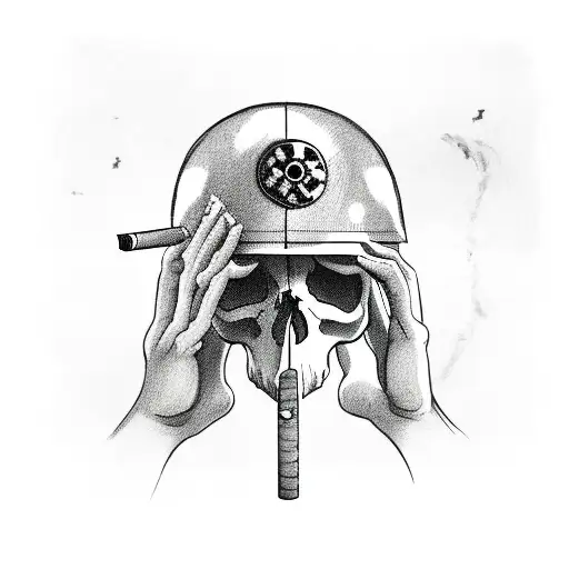 Skull Smoking A Cigarette Wearing A World War 2 Helmet