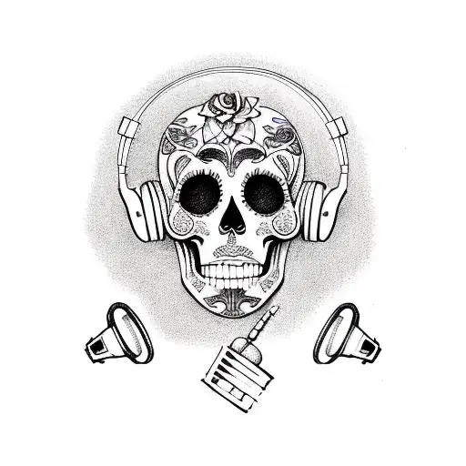 A Sketch-style Tattoo Of A Sugar Skull Wearing Headphones And Surrounded By Musical Instruments
