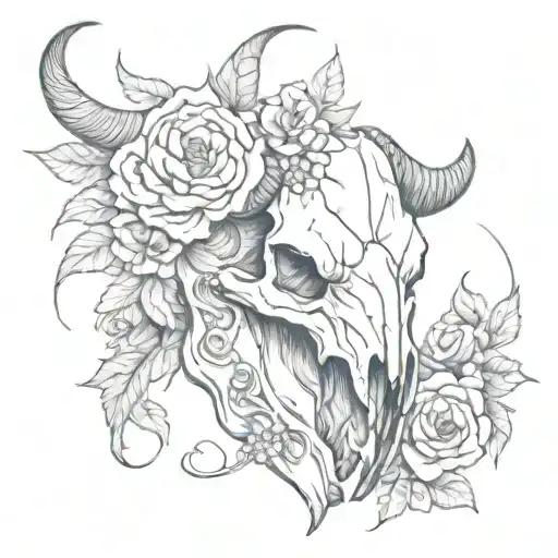 Bull Skull With Flowers And Snake