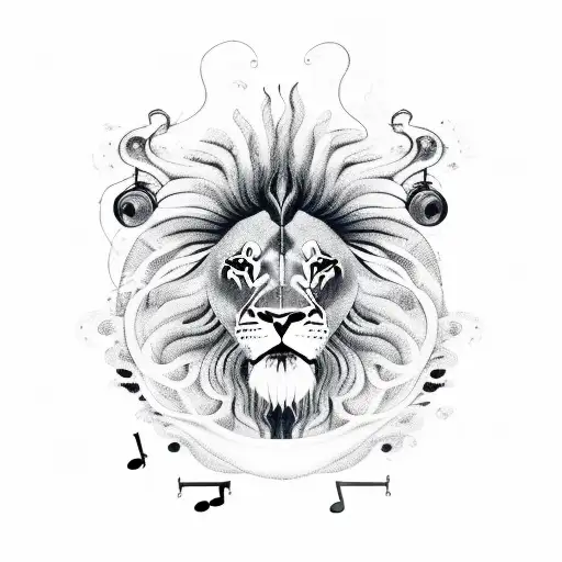 A Sleek Black And White Sketch Of A Lion Surrounded By Musical Notes And Waves