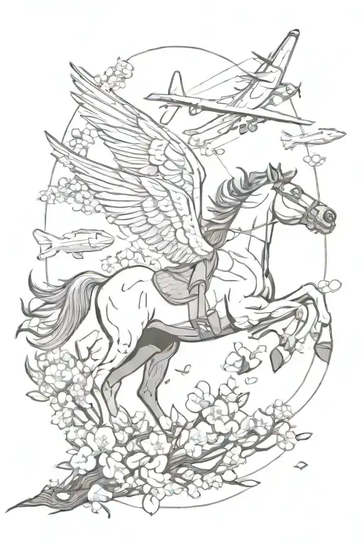 Horse Chasing A Plane Flying In The Sky Through Cherry Blossom