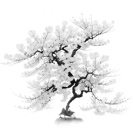 A Beautiful Sakura Tree With Seahorses Flying Among The Branches