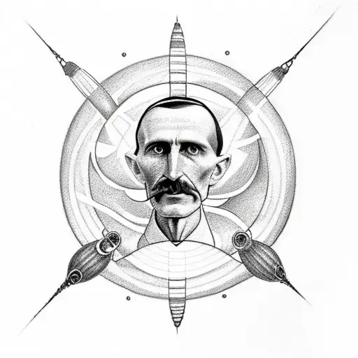 A Sketch-style Tattoo Depicting Nikola Tesla Holding A Dna Strand As Planets Orbit Around Him