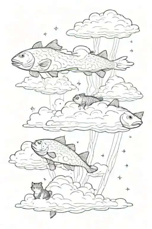 Cloud Where Fish Are Swimming And A Cat Below The Cloud Trying To Catch Fish