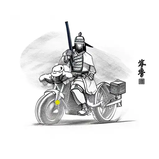 A Samurai Next To A Motorbike Going Up The Hill To The House